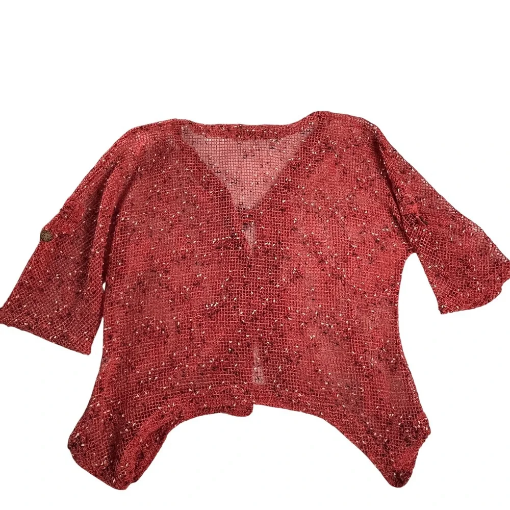 Kalu-B‎ Mesh Knit Cardigan Red Textured Cropped Boho Lightweight M
